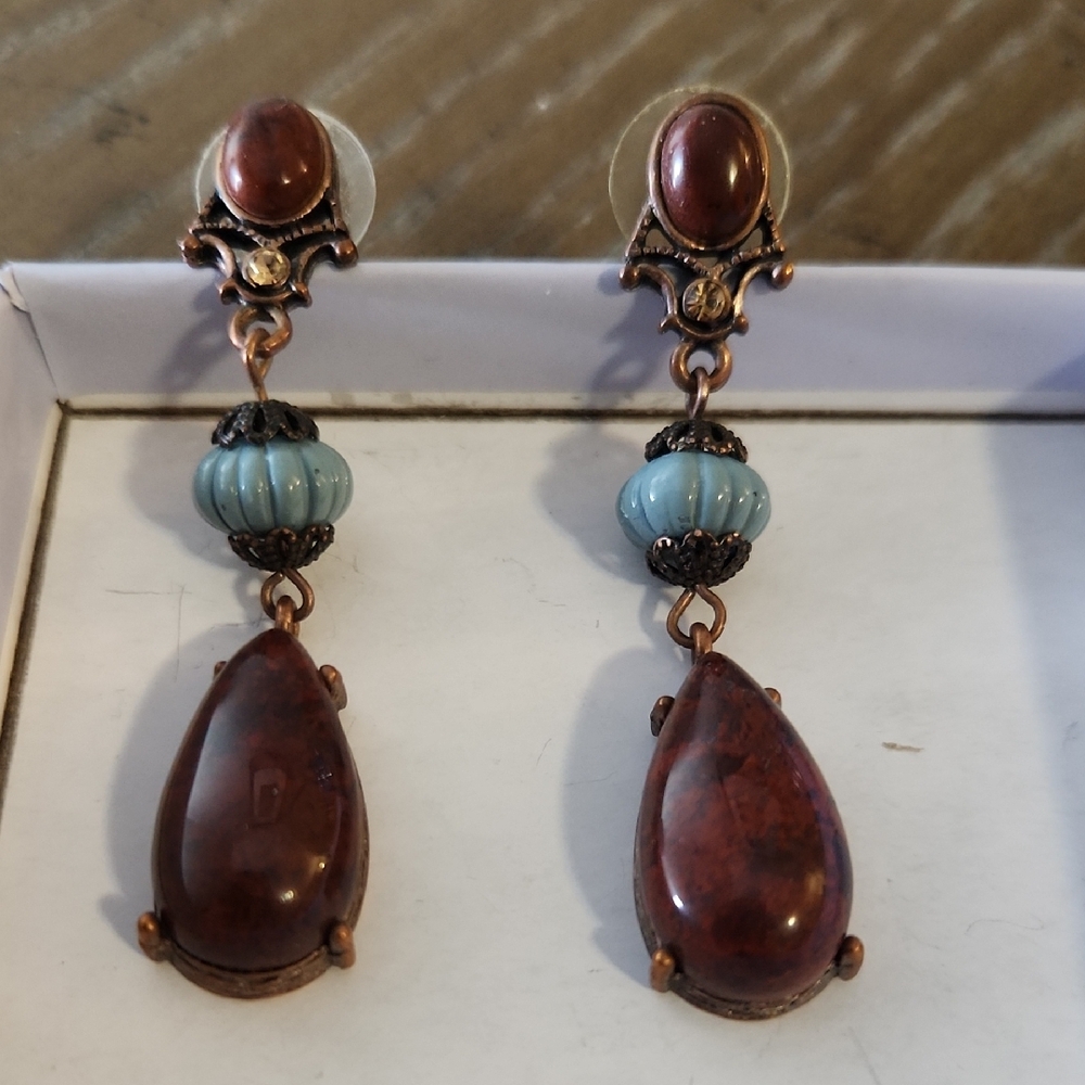 Copper Burgundy and Blue Dangle Earrings
